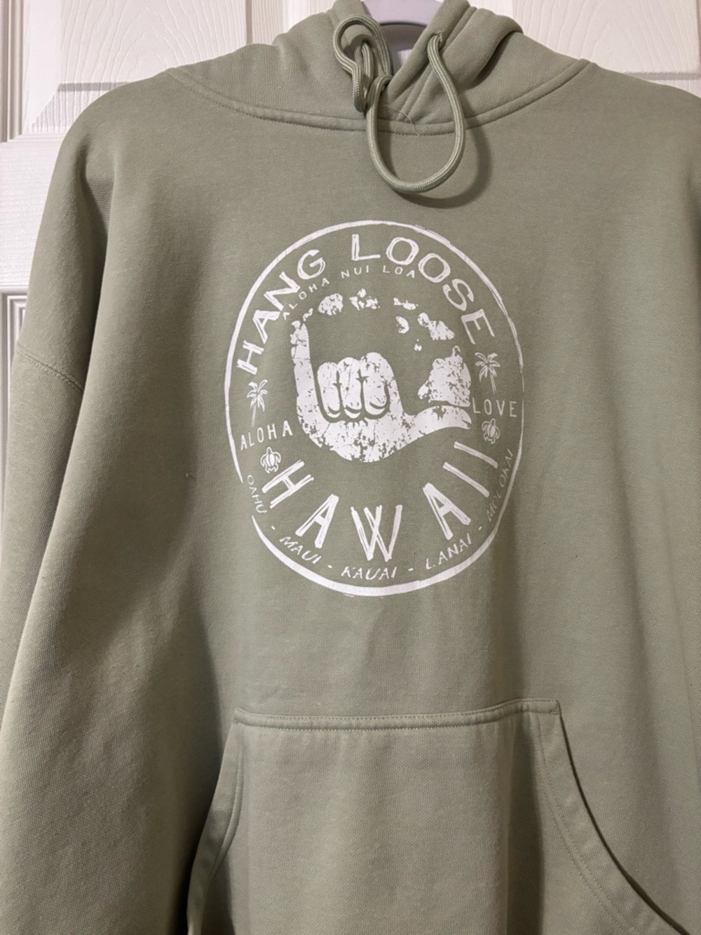 Reserved Olive Green Crewneck Sweatshirt with White Hawaii Graphic
